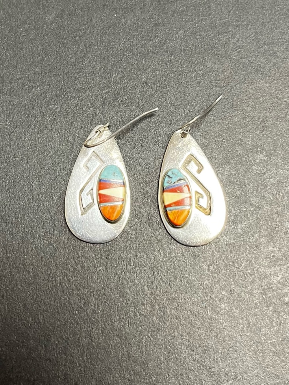 Sterling Teardrop Inlay Earrings with Turquoise and Orange Accents